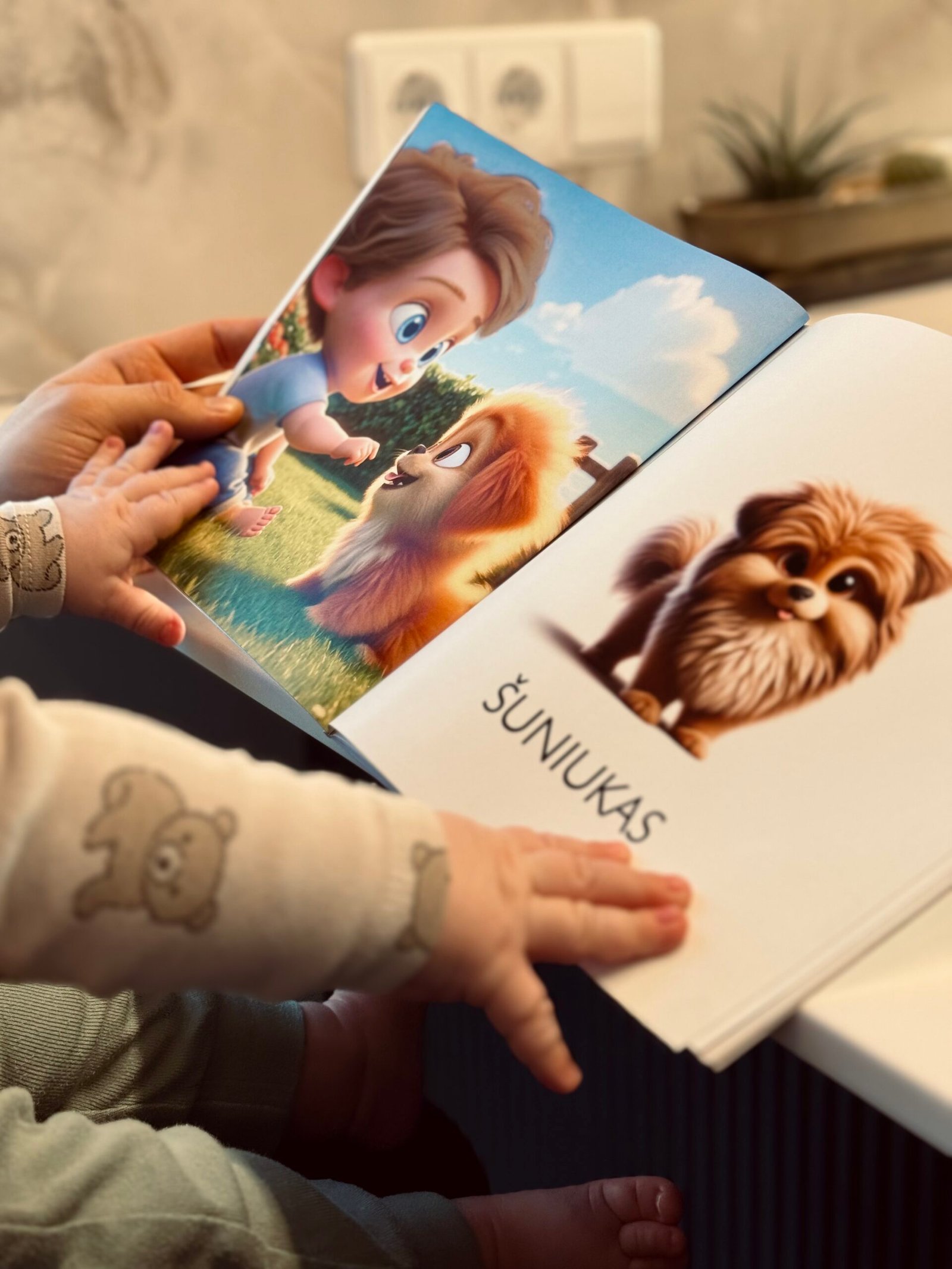 Berniukas skaito personalizuotą knygelę vaikams